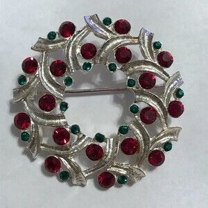 EISENBERG ICE Silver Tone Christmas Holiday Wreath VINTAGE Brooch Red Green‎